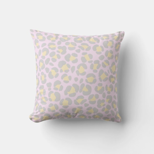 Leopard Pastel Grey Pink Yellow Throw Pillow (Front)
