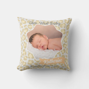 Leopard Pastel Grey Sage Yellow Baby Photo Throw Pillow