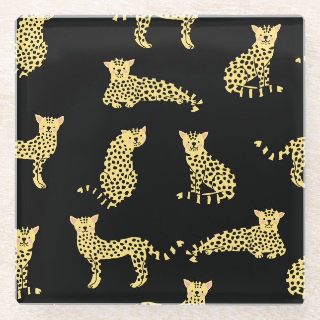 Leopard Pattern: Black Background Cheetah Glass Coaster (Front)