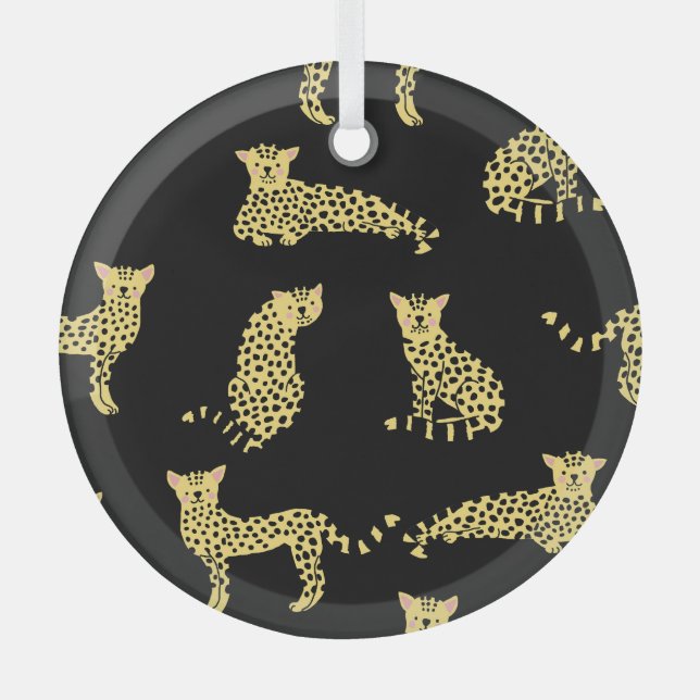 Leopard Pattern: Black Background Cheetah Glass Ornament (Front)