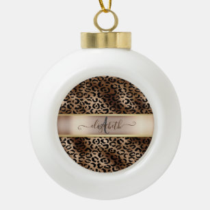 Leopard Pattern Black Bronze Monogram    Ceramic Ball Christmas Ornament