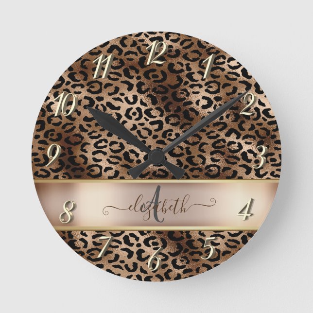 Leopard Pattern Black Bronze Monogram   Round Clock (Front)