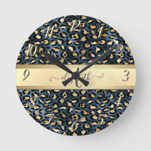 Leopard Pattern Black Bronze Monogram   Round Clock