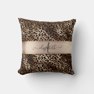 Leopard Pattern Black Bronze Monogram  Throw Pillow