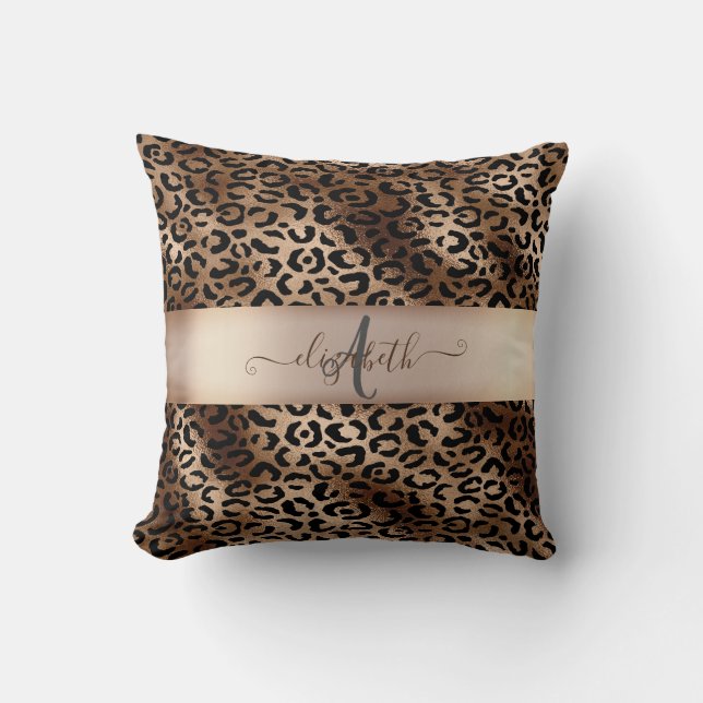 Leopard Pattern Black Bronze Monogram  Throw Pillow (Front)