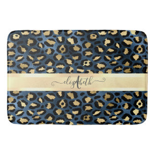 Leopard Pattern Blue Gold Monogram Bath Mat