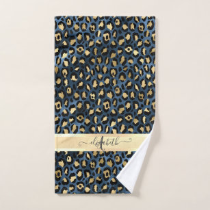 Leopard Pattern Blue Gold Monogram   Bath Towel Set