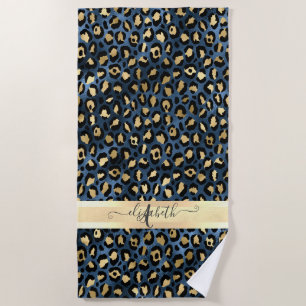 Leopard Pattern Blue Gold Monogram Beach Towel