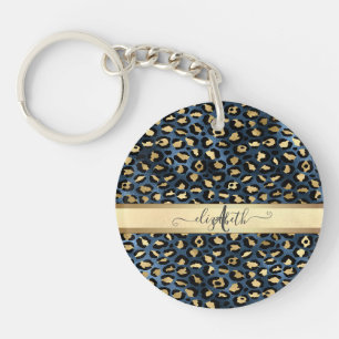 Leopard Pattern Blue Gold Monogram     Keychain