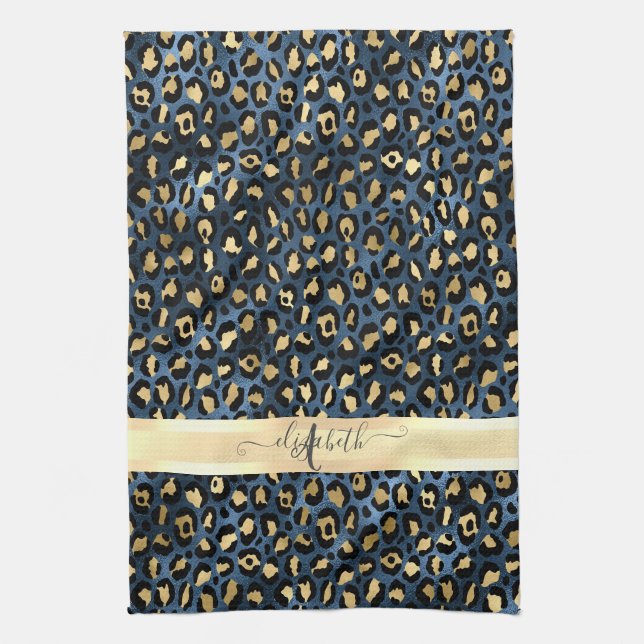 Leopard Pattern Blue Gold Monogram  Kitchen Towel (Vertical)