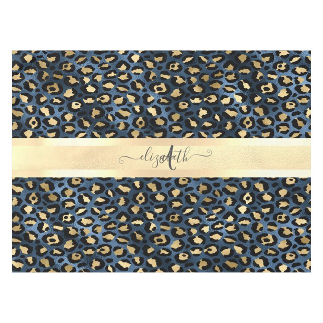 Leopard Pattern Blue Gold Monogram  Tablecloth (Front (Horizontal))