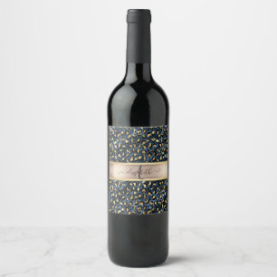 Leopard Pattern Blue Gold Monogram Wine Label