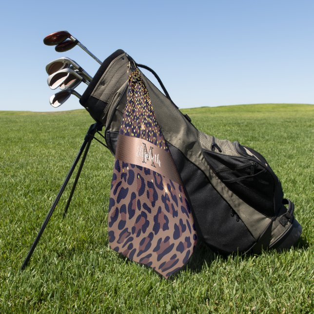 Leopard pattern brown black bronze glam monogram golf towel (Green)
