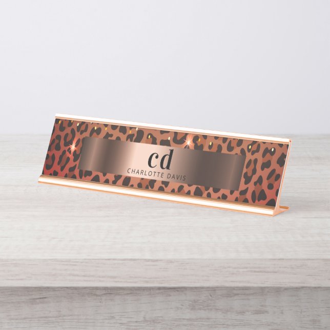 Leopard pattern brown black bronze metallic  desk name plate (Front)