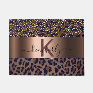 Leopard pattern brown black bronze monogram name doormat