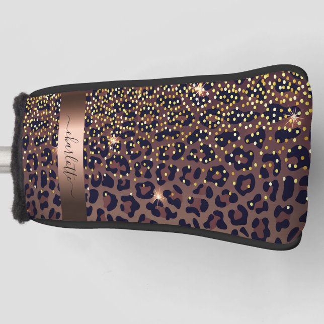 Leopard pattern brown black bronze monogram name golf head cover (Front)