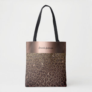 Leopard pattern brown black golden bronze metallic tote bag