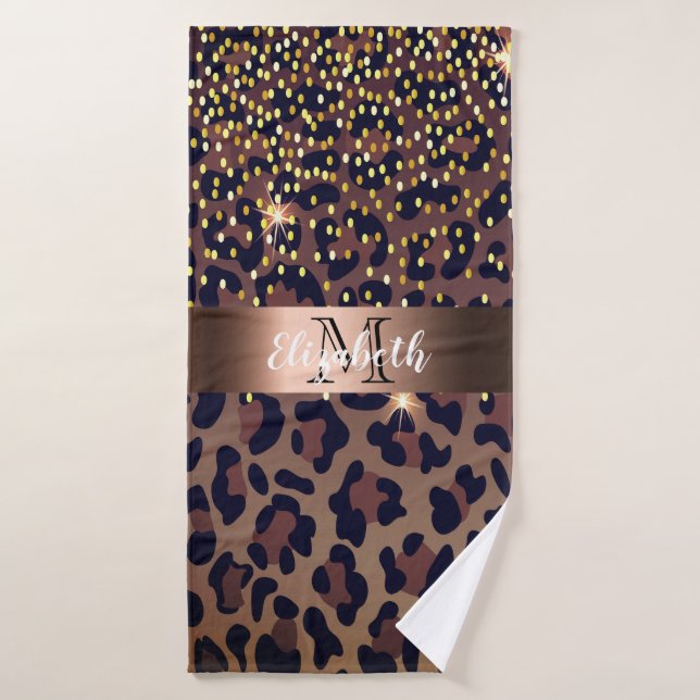 Leopard pattern brown black golden bronze monogram bath towel set (Bath Towel)