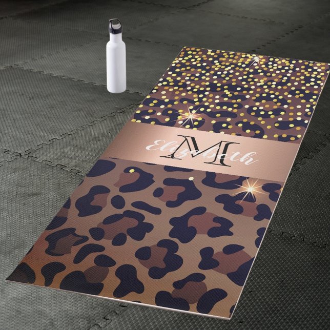 Leopard pattern brown black golden bronze monogram yoga mat (Creator Uploaded)