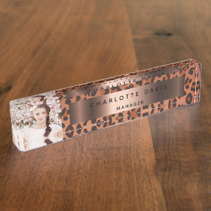 Leopard pattern brown rose gold photo nameplate