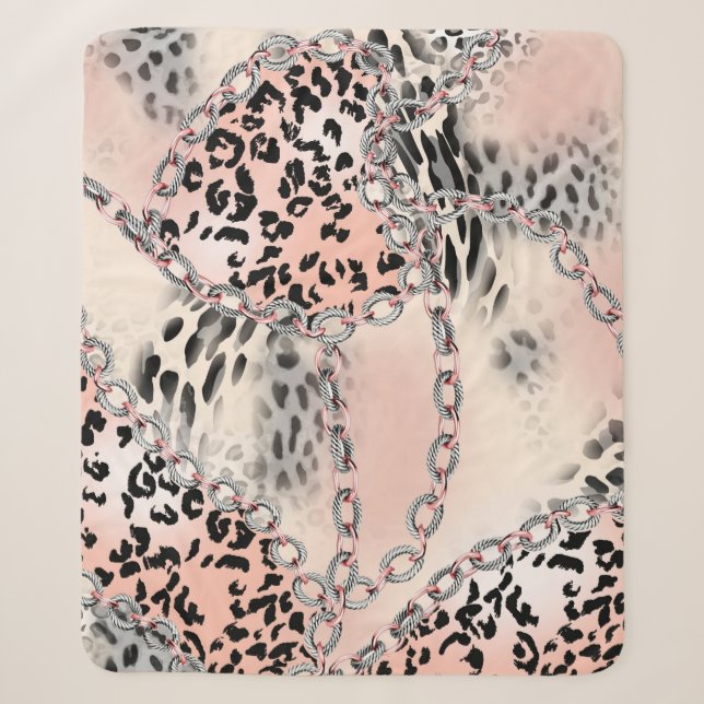 Leopard pattern, flowers, chain, roses sherpa blanket (Front)