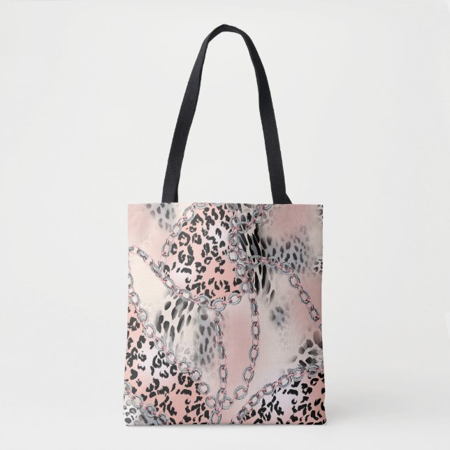 Leopard pattern, flowers, chain, roses tote bag (Front)