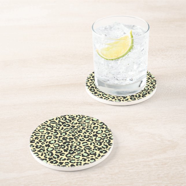 Leopard Pattern in Mint Green on Oatmeal Coaster (Side)