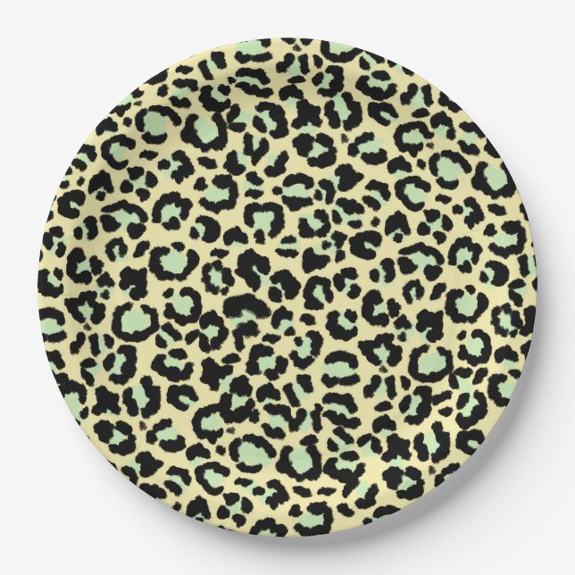 Leopard Pattern in Mint Green on Oatmeal Paper Plate (Front)