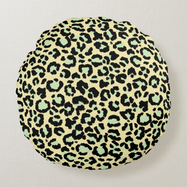 Leopard Pattern in Mint Green on Oatmeal  Round Pillow (Front)