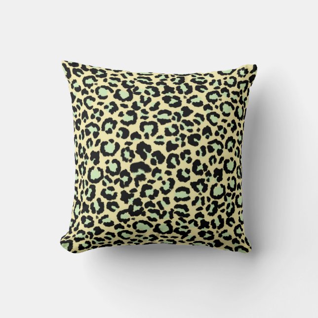 Leopard Pattern in Mint Green on Oatmeal Throw Pillow (Front)