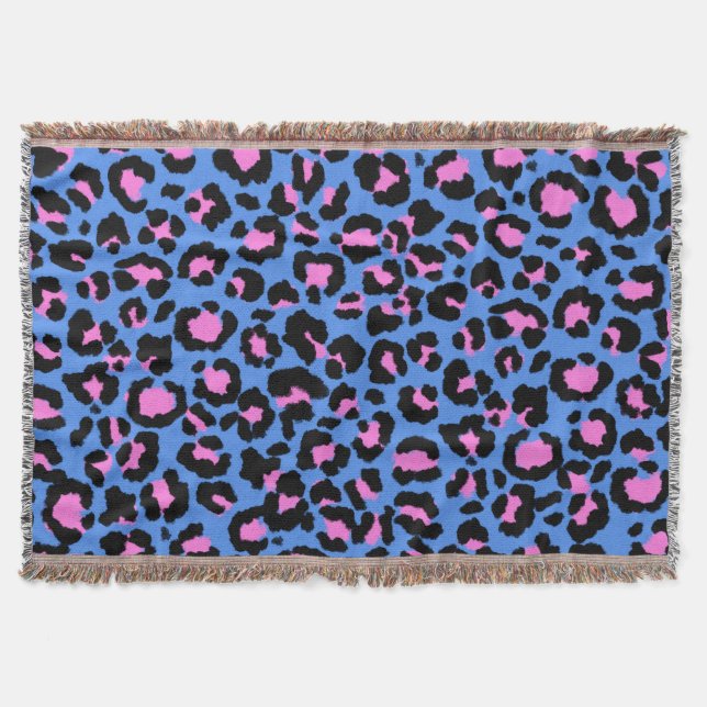 Leopard Pattern in Raspberry on Electric Blue Throw Blanket (Front)