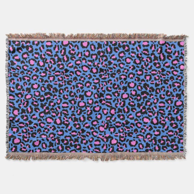 Leopard Pattern in Raspberry on Electric Blue Throw Blanket (Front)