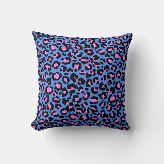 Leopard Pattern in Raspberry on Electric Blue Throw Pillow (Front)