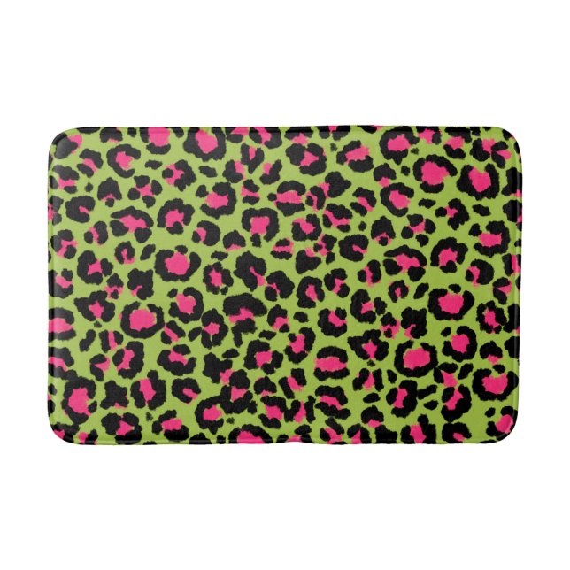 Leopard Pattern in Raspberry on Lime Green Bath Mat (Front)