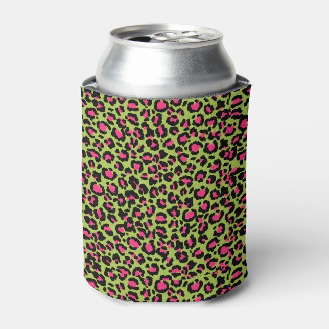 Leopard Pattern in Raspberry on Lime Green Can Cooler (Can Front)