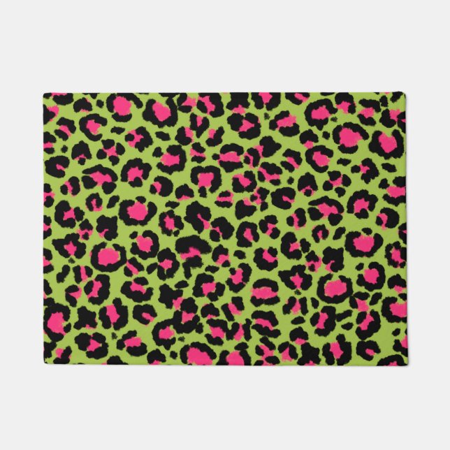 Leopard Pattern in Raspberry on Lime Green Doormat (Front)