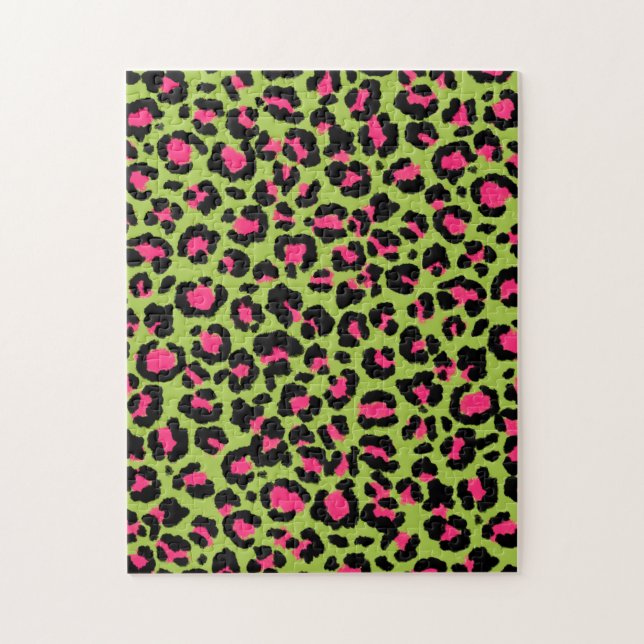 Leopard Pattern in Raspberry on Lime Green Jigsaw Puzzle (Vertical)