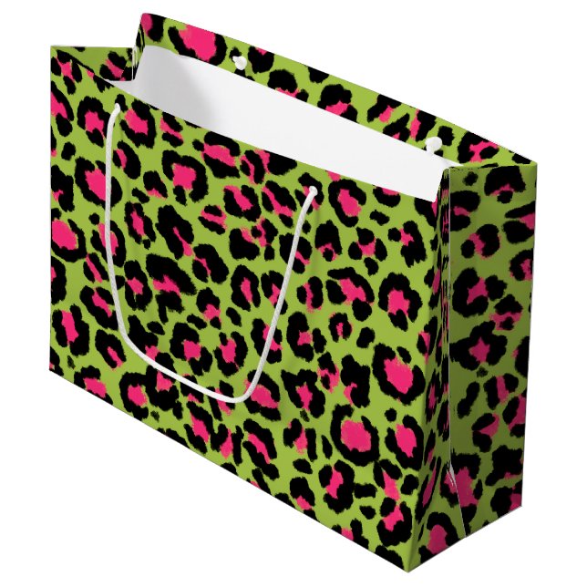 Leopard Pattern in Raspberry on Lime Green Large Gift Bag (Front Angled)