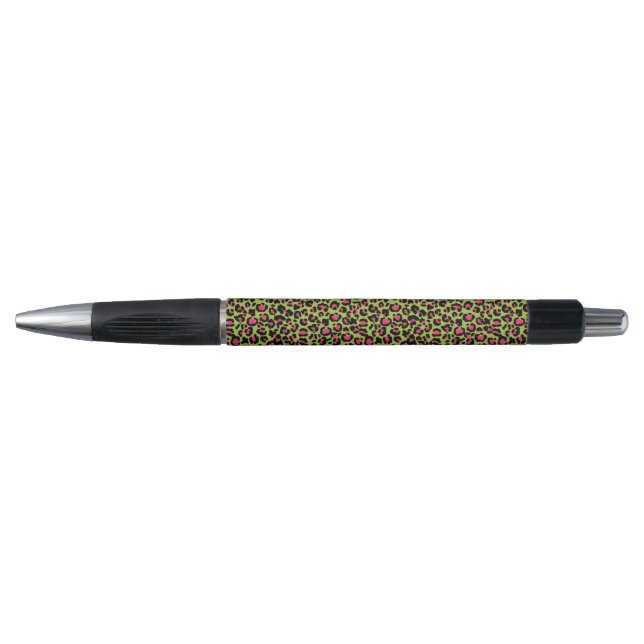 Leopard Pattern in Raspberry on Lime Green Pen (Front)