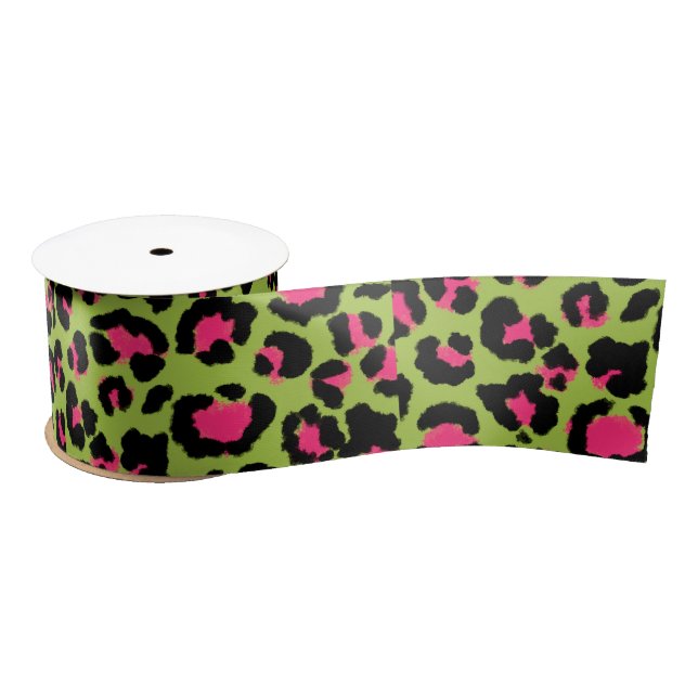 Leopard Pattern in Raspberry on Lime Green Satin Ribbon (Spool)