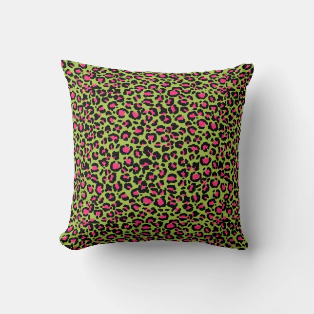 Leopard Pattern in Raspberry on Lime Green Throw Pillow (Front)