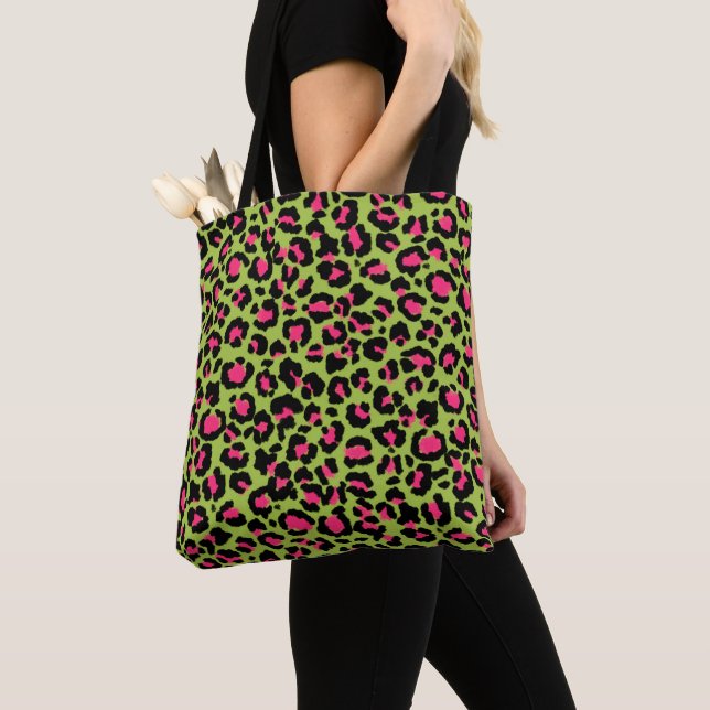 Leopard Pattern in Raspberry on Lime Green Tote Bag (Close Up)