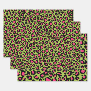Leopard Pattern in Raspberry on Lime Green Wrapping Paper Sheet