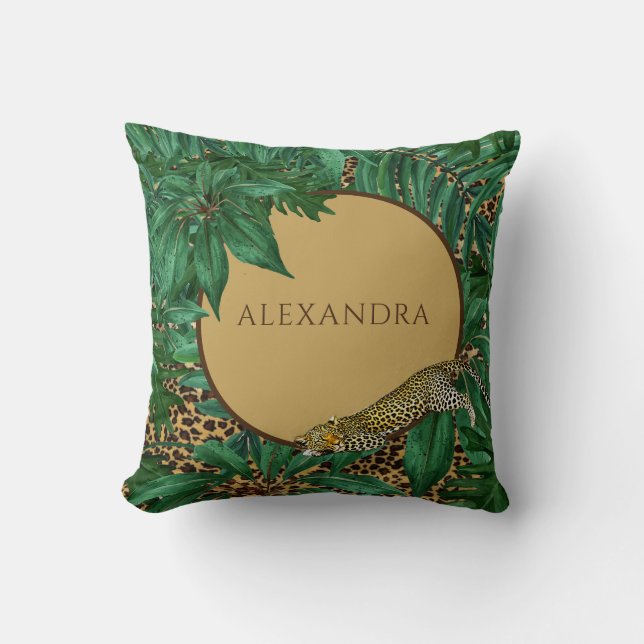 Leopard Pattern Jungle Green Leaves Personal Throw Pillow (Front)