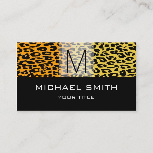 Leopard Pattern Modern Black Monogram #17 Business Card (Front)