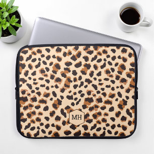 Leopard Pattern Monogram Brown Chic Initials Laptop Sleeve