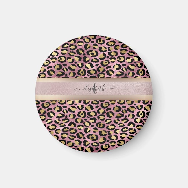 Leopard Pattern Monogram Rose Gold Black    Magnet (Front)