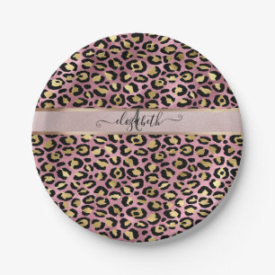 Leopard Pattern Monogram Rose Gold Black Paper Plate