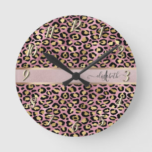Leopard Pattern Monogram Rose Gold Black Round Clock