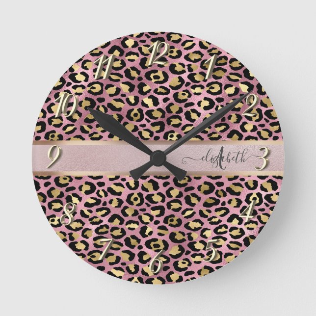 Leopard Pattern Monogram Rose Gold Black Round Clock (Front)
